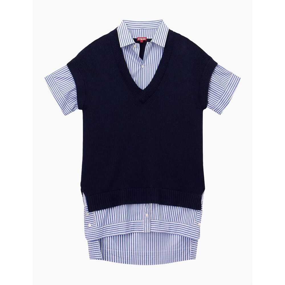Staud NWT Bridget Wool Sweater Dress in Navy Blue White Stripe Size S